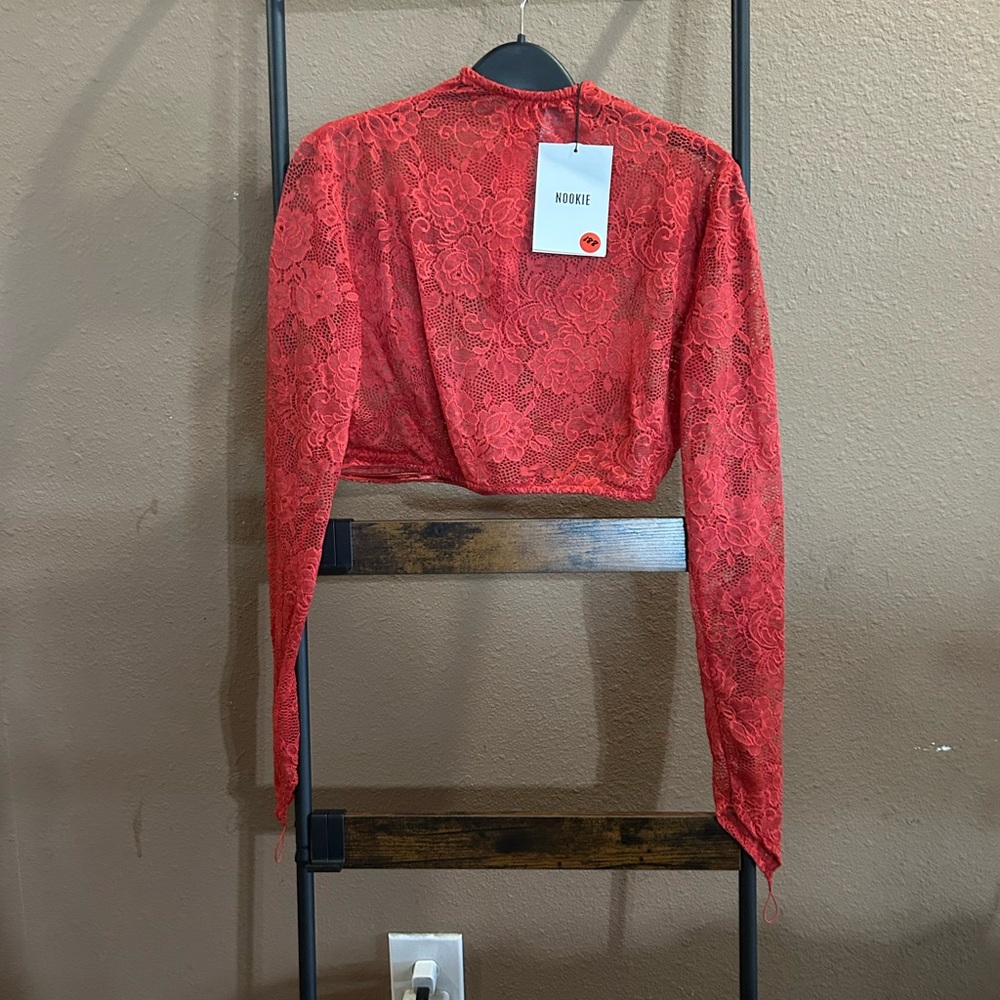 Nookie Red Long Sleeve Fitted Crop Blouse